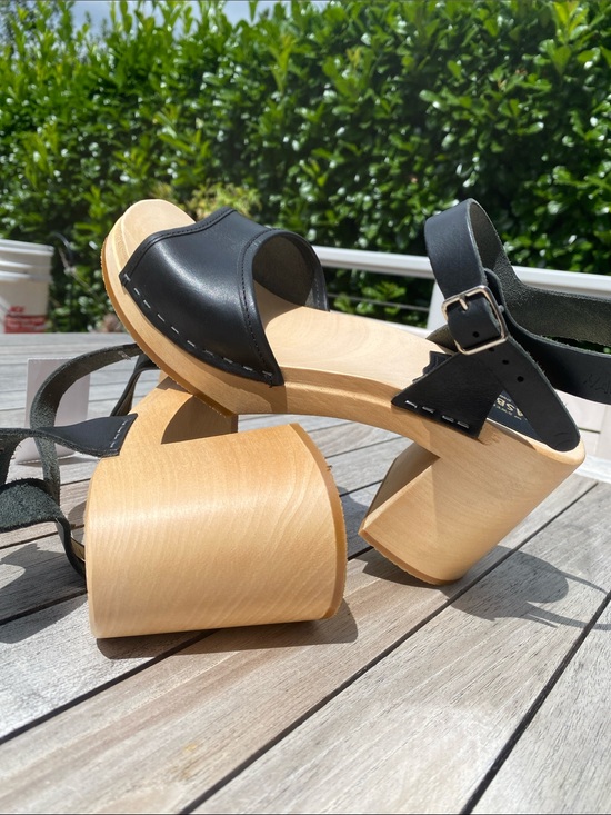Swedish Hasbeens Shoes - Swedish Hasbeens Black Leather Open-Toe Clog Sandals